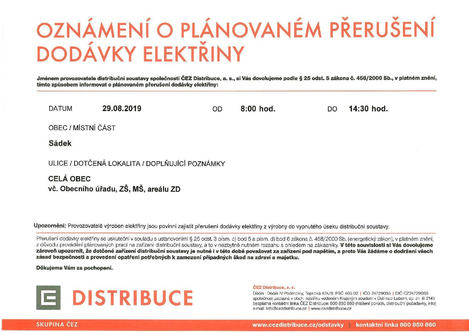 Přerušení dodávky elektřiny 29.08.2019